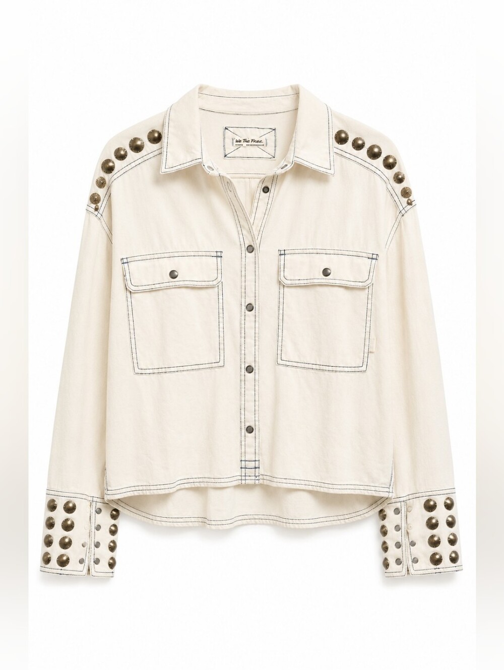 We The Free Austin Denim Jacket, Ivory, Western Studded Shirt Jacket, M - Picture 2 of 12